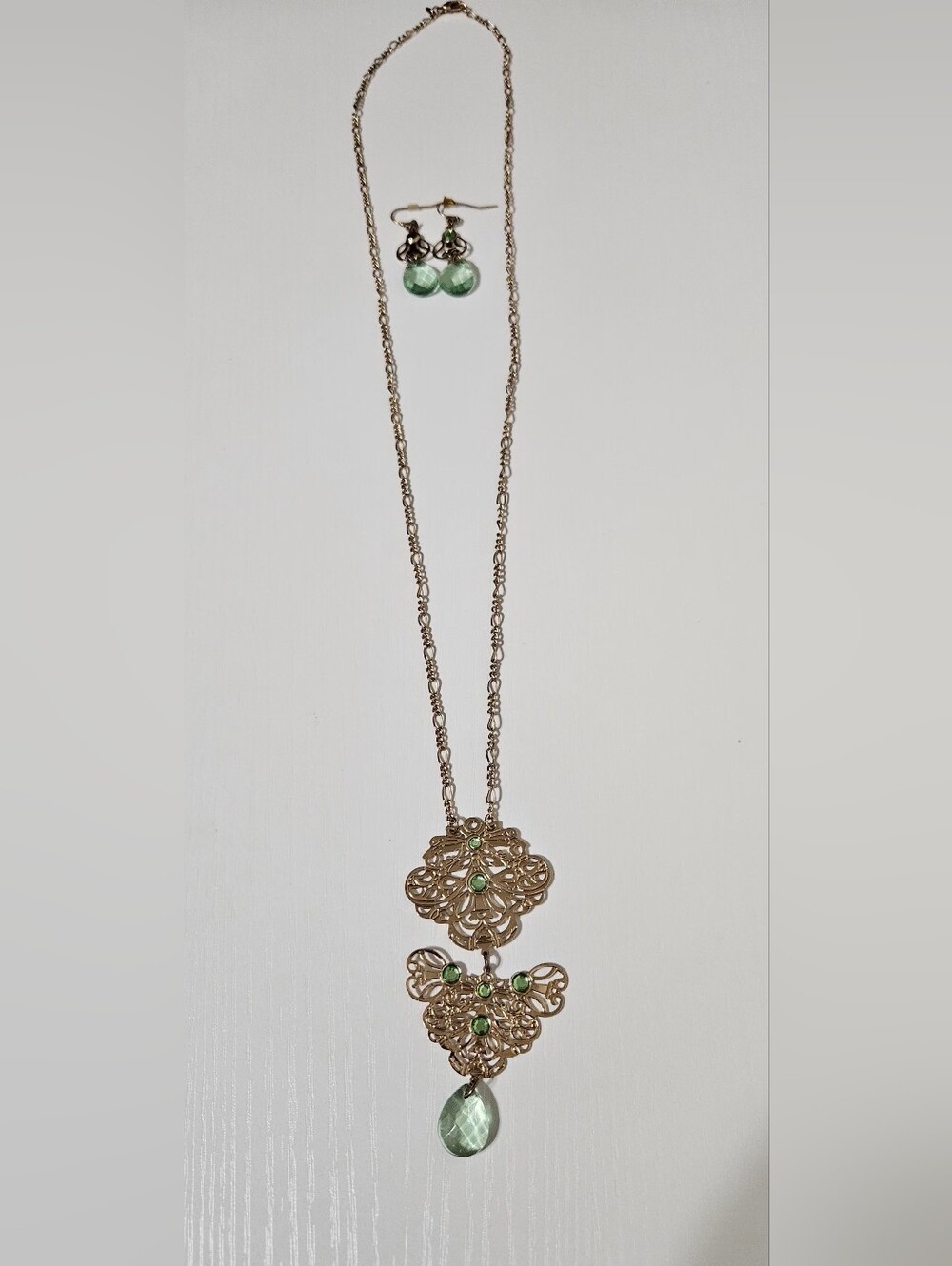 Gold-Tone Filigree Pendant Necklace with Light Green Accents